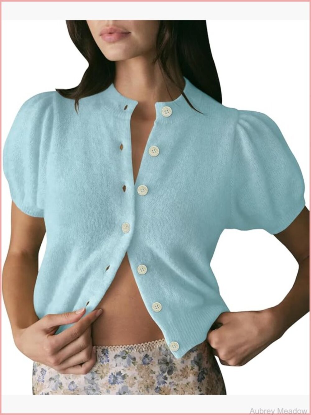 Puff Short Sleeve Cropped Button Up Cardigan Lightweight Knit Summer